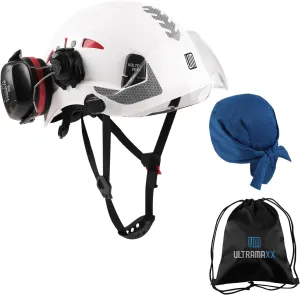Safety Helmet Hard Hat and Ear Protection, ANSI Z89.1 Approved Lightweight Vented Work Helmet Kits, 6-Point Suspension Hardhat Ideal for Industrial and Construction
