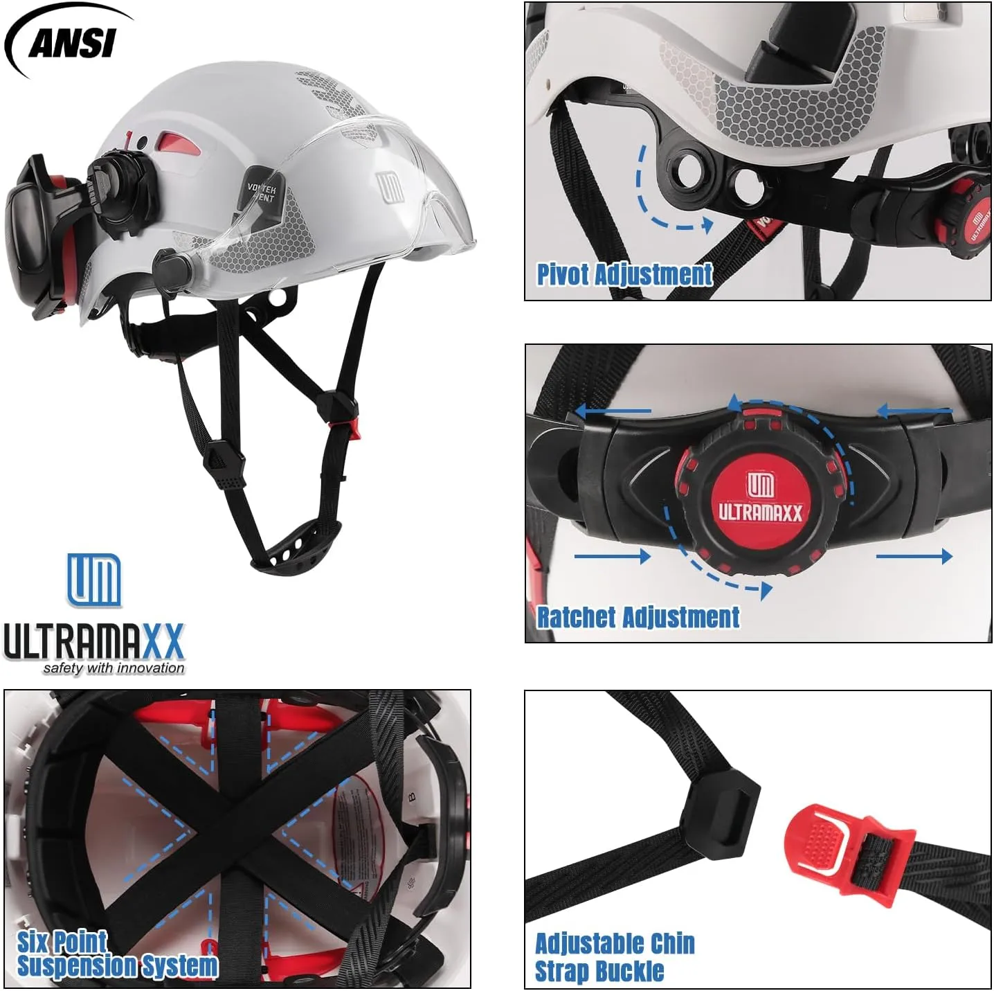 Safety Helmet Hard Hat and Ear Protection, ANSI Z89.1 Approved Lightweight Vented Work Helmet Kits, 6-Point Suspension Hardhat Ideal for Industrial and Construction