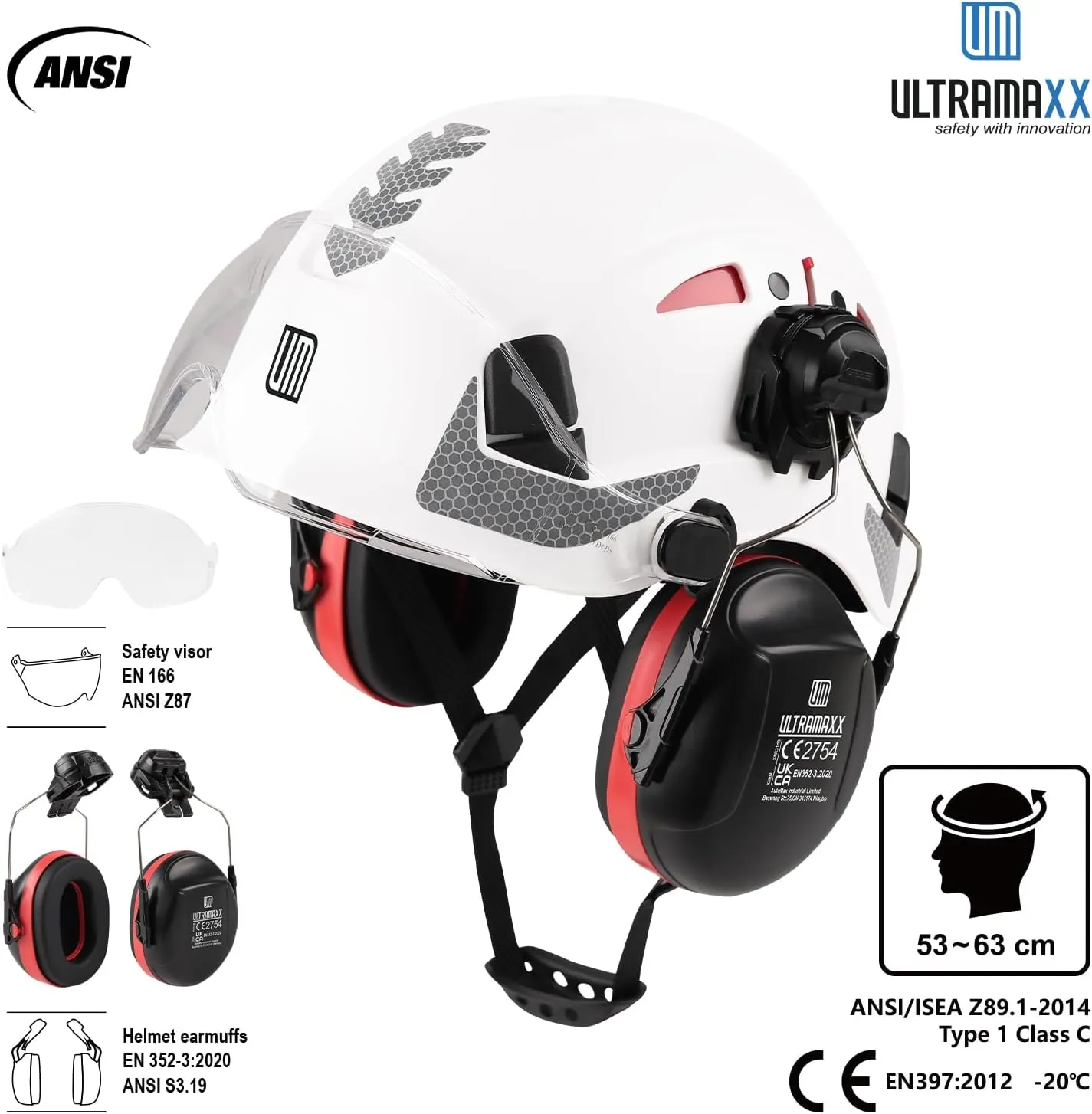 Safety Helmet Hard Hat and Ear Protection, ANSI Z89.1 Approved Lightweight Vented Work Helmet Kits, 6-Point Suspension Hardhat Ideal for Industrial and Construction