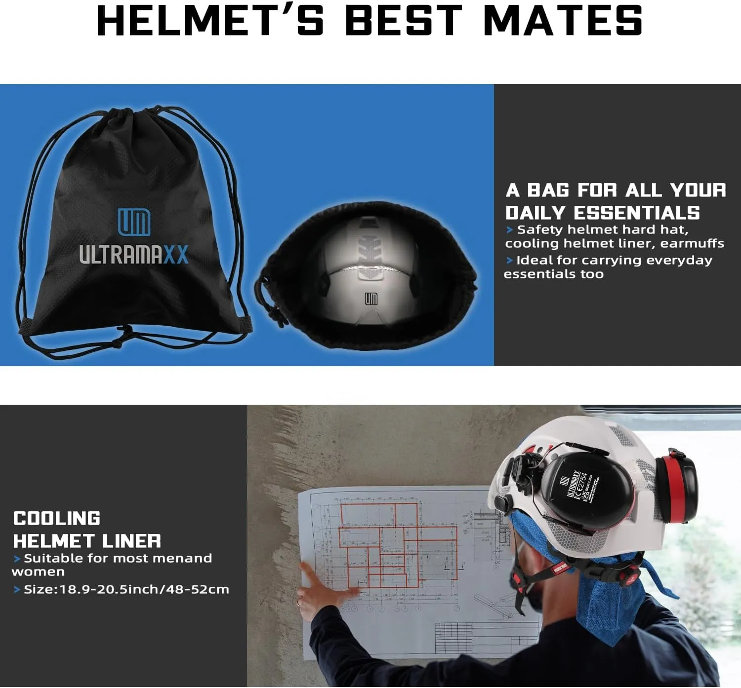 Safety Helmet Hard Hat and Ear Protection, ANSI Z89.1 Approved Lightweight Vented Work Helmet Kits, 6-Point Suspension Hardhat Ideal for Industrial and Construction