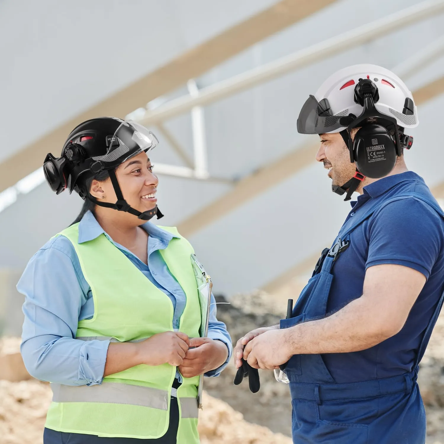 Safety Helmet Hard Hat and Ear Protection, ANSI Z89.1 Approved Lightweight Vented Work Helmet Kits, 6-Point Suspension Hardhat Ideal for Industrial and Construction