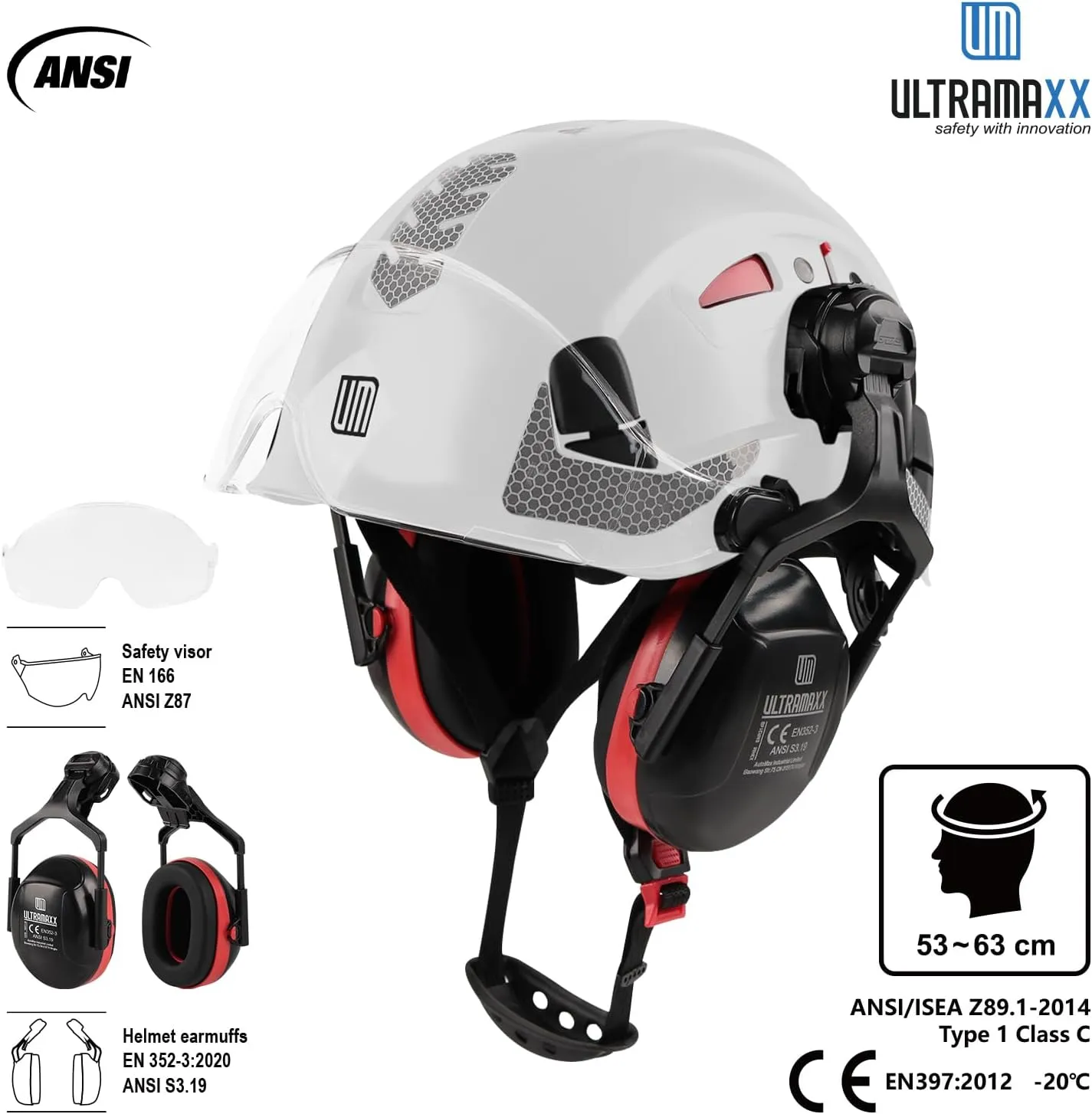 Safety Helmet Hard Hat and Ear Protection, ANSI Z89.1 Approved Lightweight Vented Work Helmet Kits, 6-Point Suspension Hardhat Ideal for Industrial and Construction