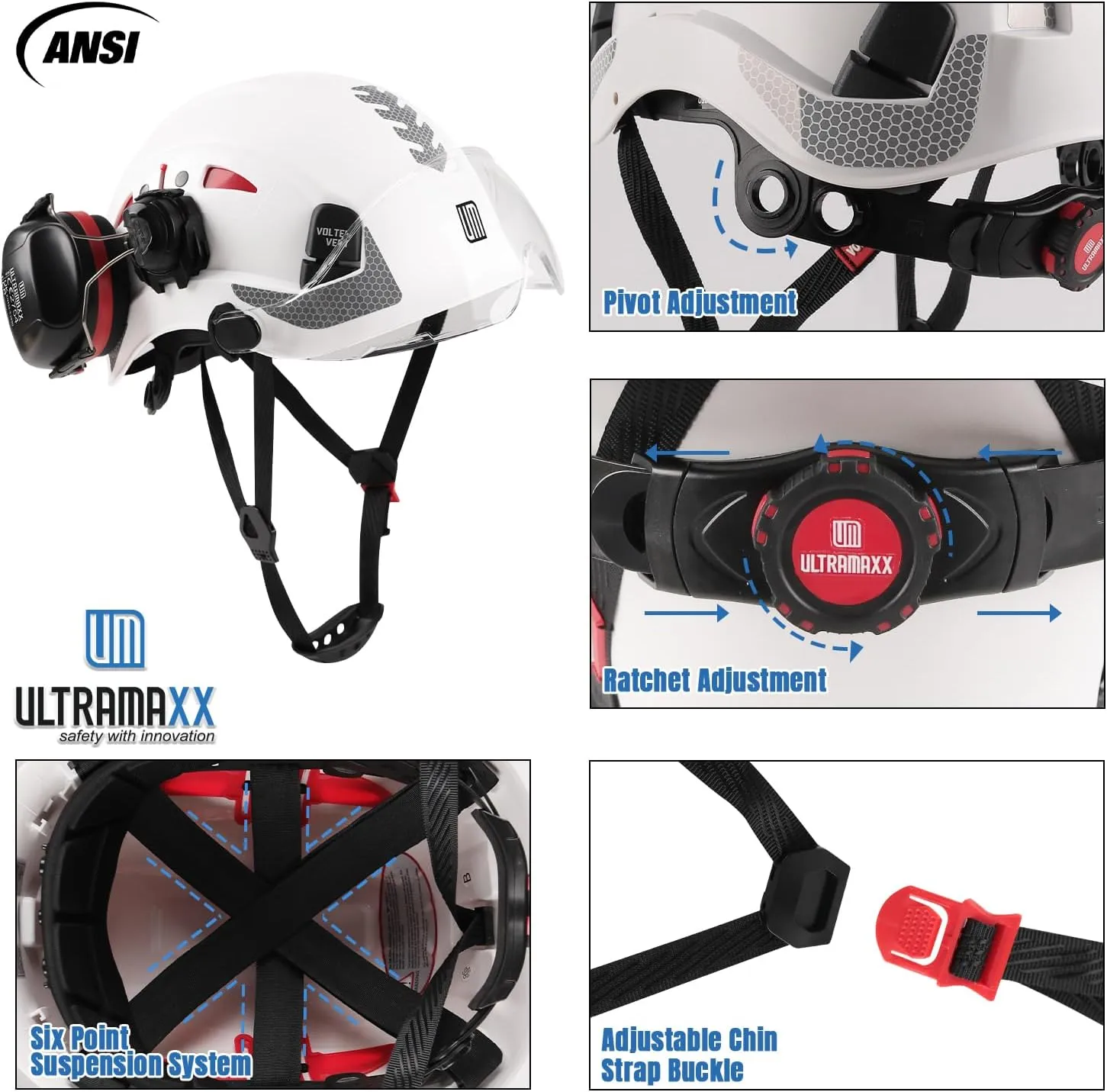 Safety Helmet Hard Hat and Ear Protection, ANSI Z89.1 Approved Lightweight Vented Work Helmet Kits, 6-Point Suspension Hardhat Ideal for Industrial and Construction