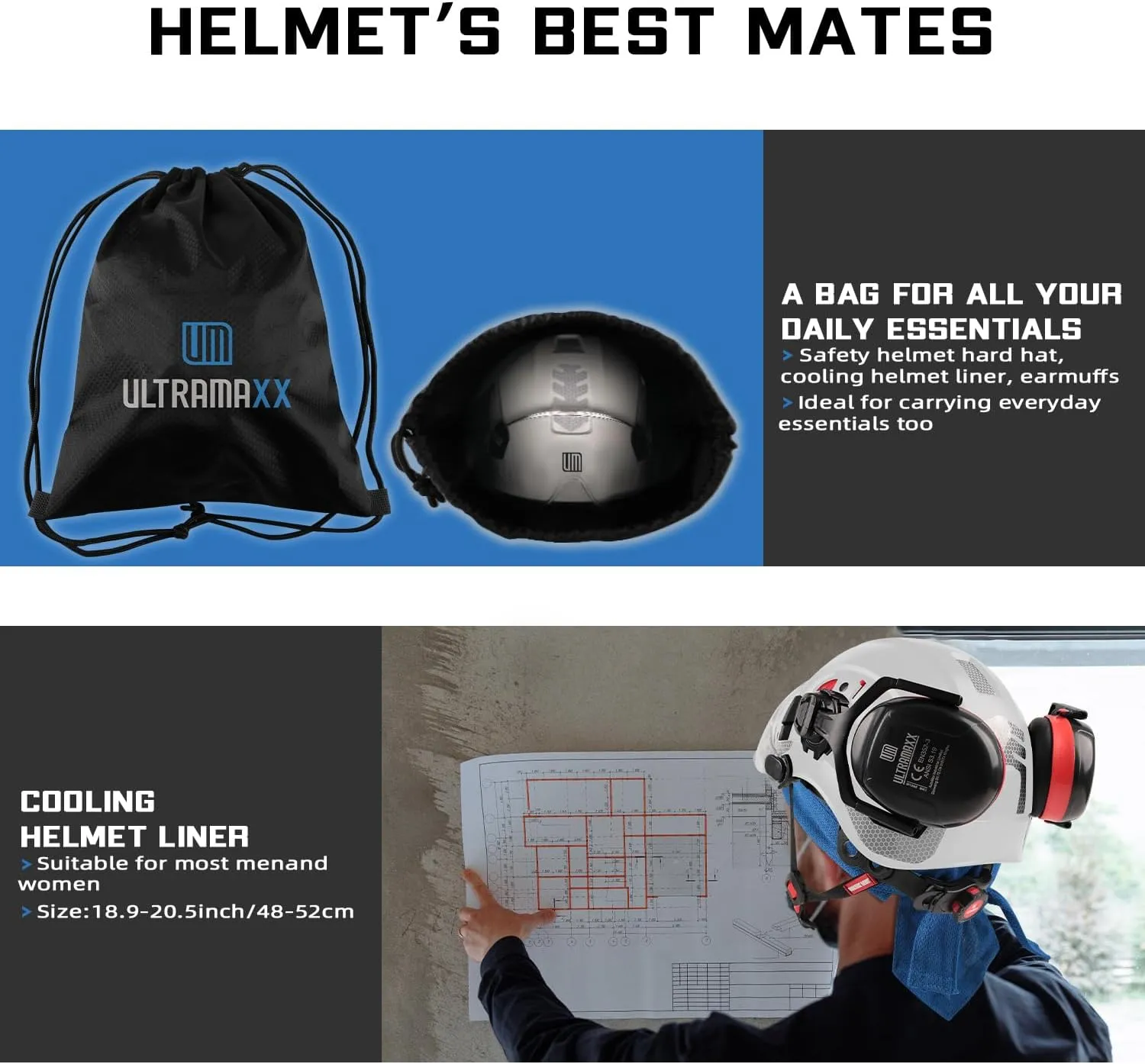 Safety Helmet Hard Hat and Ear Protection, ANSI Z89.1 Approved Lightweight Vented Work Helmet Kits, 6-Point Suspension Hardhat Ideal for Industrial and Construction