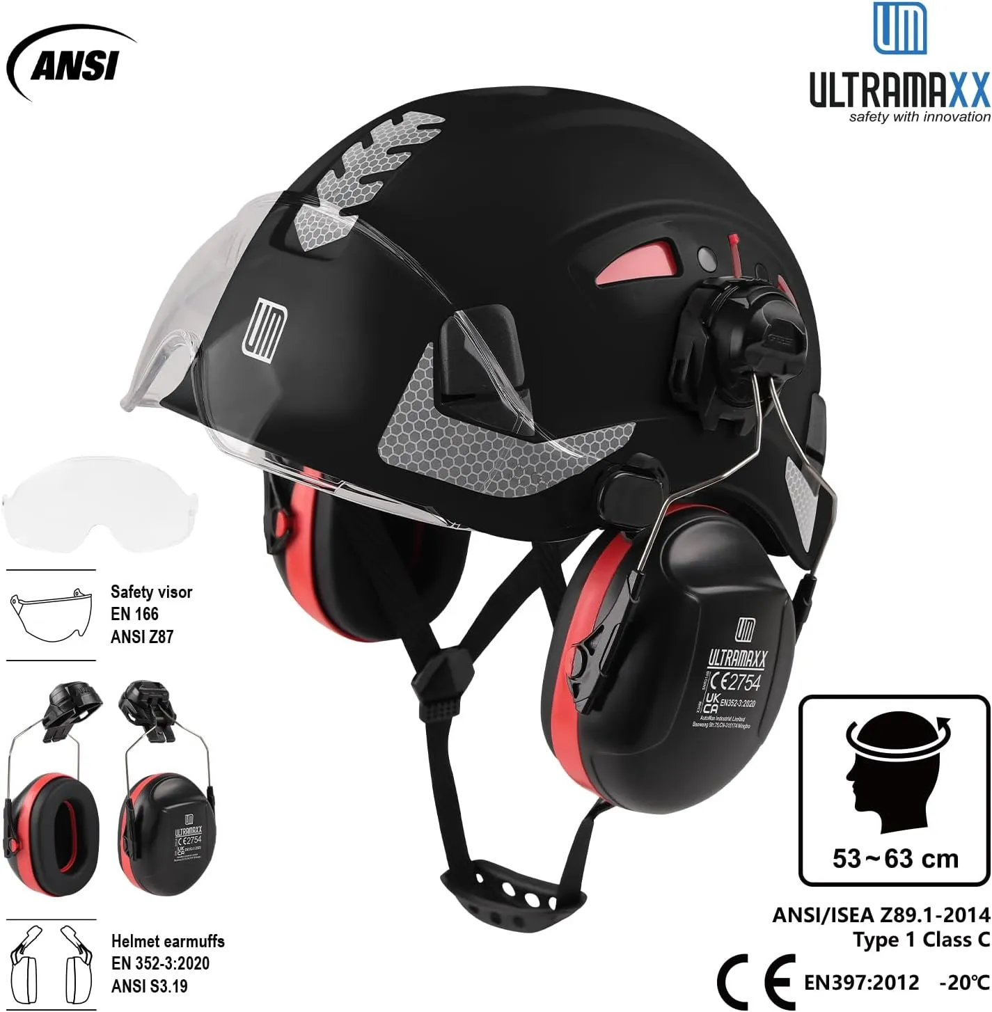 Safety Helmet Hard Hat and Ear Protection, ANSI Z89.1 Approved Lightweight Vented Work Helmet Kits, 6-Point Suspension Hardhat Ideal for Industrial and Construction