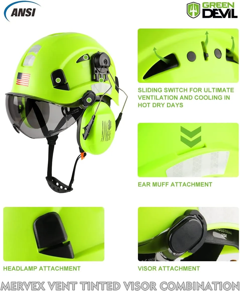 Safety Helmet Hard Hat with Visor and Ear Protection Adjustable Lightweight Vented ABS Work Helmet for Men and Women 6-Point Suspension ANSI Z89.1 Approved Ideal for Industrial & Construction