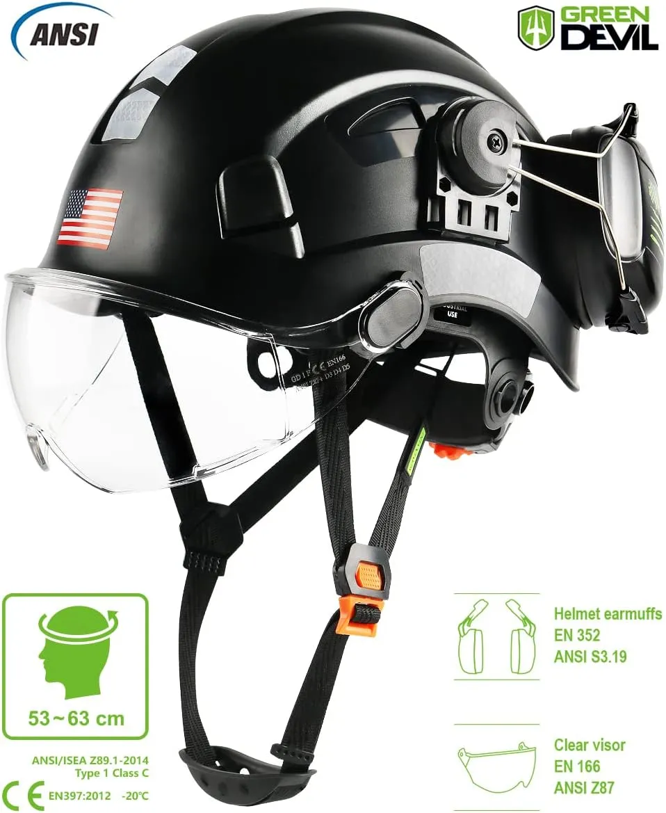 Safety Helmet Hard Hat with Visor and Ear Protection Adjustable Lightweight Vented ABS Work Helmet for Men and Women 6-Point Suspension ANSI Z89.1 Approved Ideal for Industrial & Construction