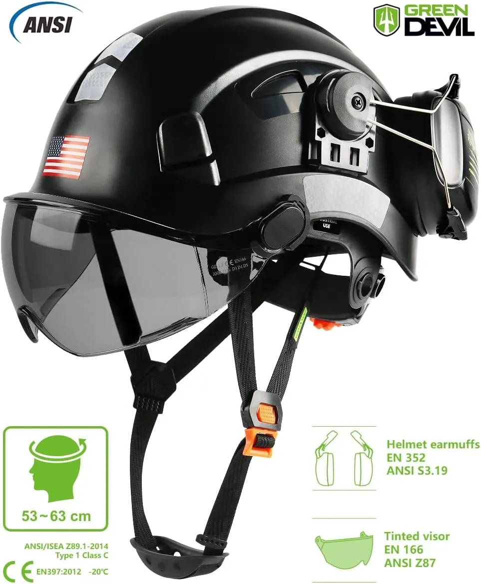 Safety Helmet Hard Hat with Visor and Ear Protection Adjustable Lightweight Vented ABS Work Helmet for Men and Women 6-Point Suspension ANSI Z89.1 Approved Ideal for Industrial & Construction