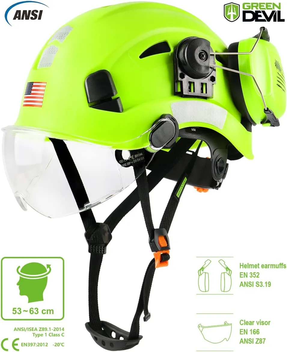 Safety Helmet Hard Hat with Visor and Ear Protection Adjustable Lightweight Vented ABS Work Helmet for Men and Women 6-Point Suspension ANSI Z89.1 Approved Ideal for Industrial & Construction