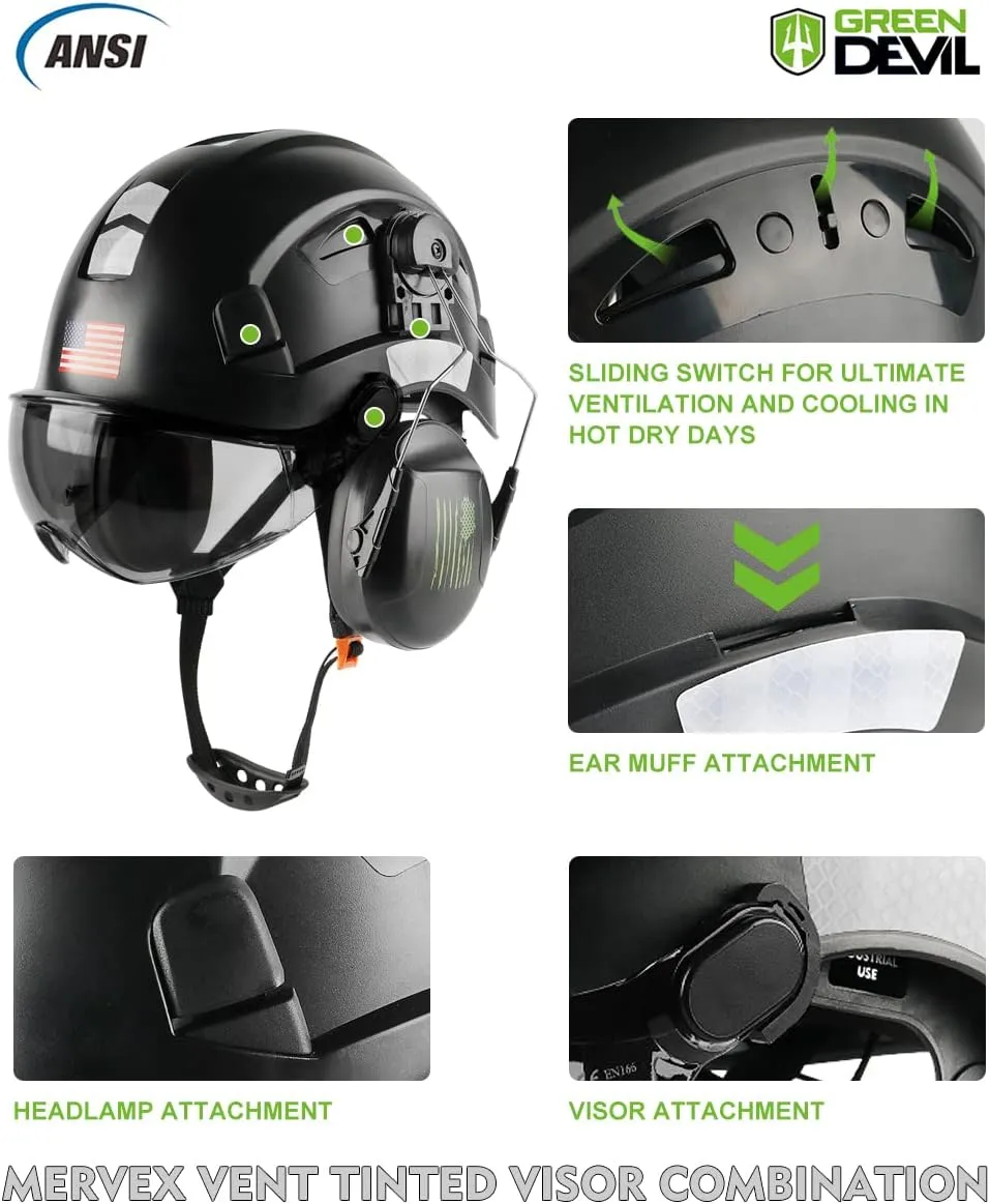 Safety Helmet Hard Hat with Visor and Ear Protection Adjustable Lightweight Vented ABS Work Helmet for Men and Women 6-Point Suspension ANSI Z89.1 Approved Ideal for Industrial & Construction