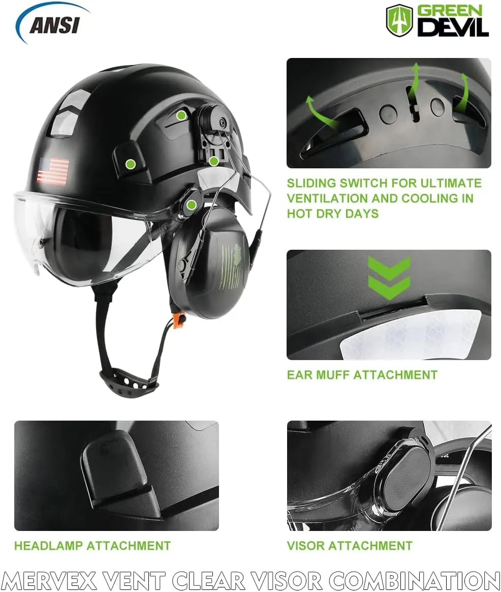 Safety Helmet Hard Hat with Visor and Ear Protection Adjustable Lightweight Vented ABS Work Helmet for Men and Women 6-Point Suspension ANSI Z89.1 Approved Ideal for Industrial & Construction