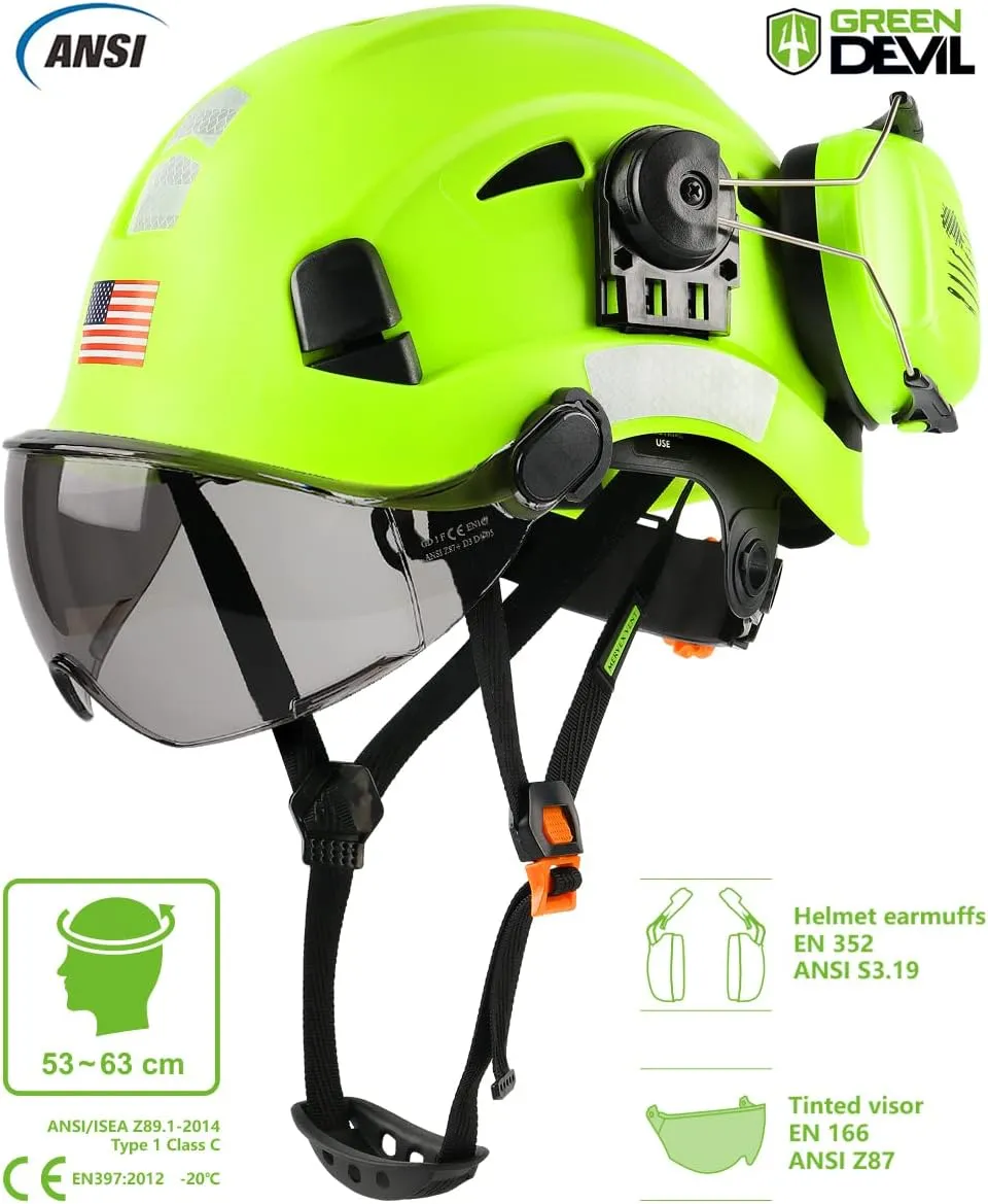 Safety Helmet Hard Hat with Visor and Ear Protection Adjustable Lightweight Vented ABS Work Helmet for Men and Women 6-Point Suspension ANSI Z89.1 Approved Ideal for Industrial & Construction