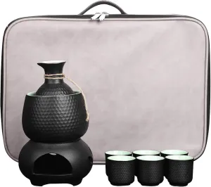 Sake Set and Cups with Warmer and Sake Storage Bag,Traditional Porcelain Pottery Hot Saki Drink,9pcs Include 1 Stove 1 Warming Bowl