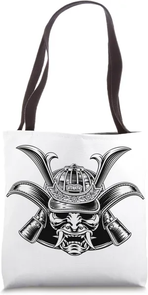 Samurai mask helmet vintage engraved etching woodcut Tote Bag
