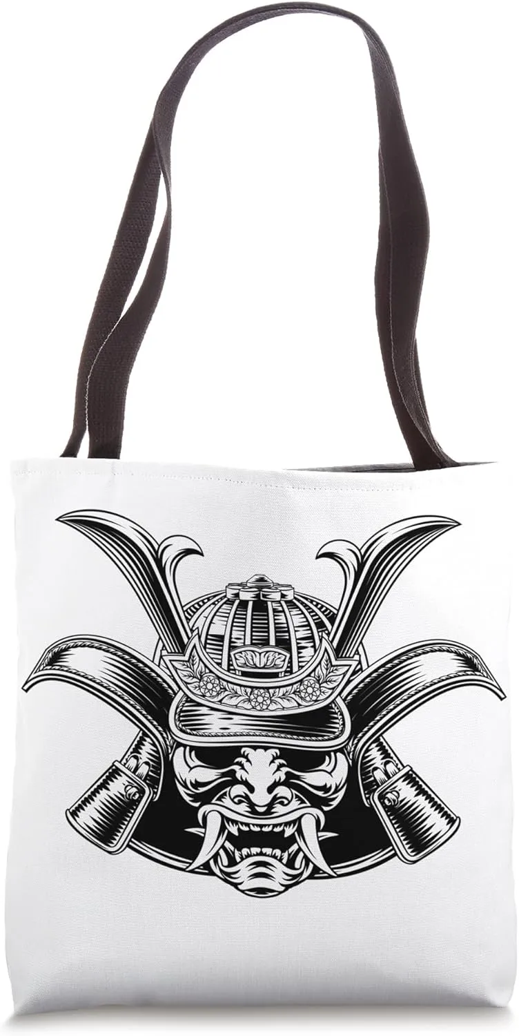 Samurai mask helmet vintage engraved etching woodcut Tote Bag
