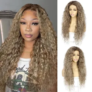SAPPHIREWIGS Brown Lace Front Wigs Glueless Curly Synthetic Lace Front Wig for Black Women Ash Brown with Blonde Tips Hair Heat Resistant Fiber Hair Daily Party Uses 26 Inch