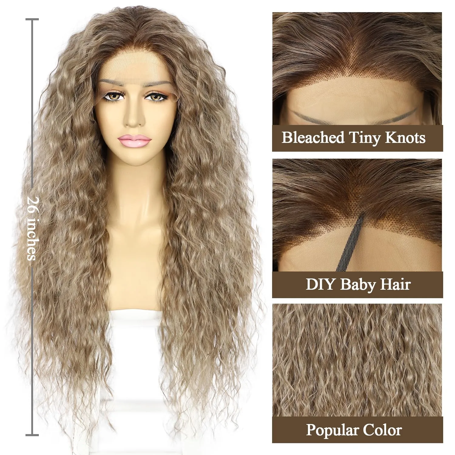 SAPPHIREWIGS Brown Lace Front Wigs Glueless Curly Synthetic Lace Front Wig for Black Women Ash Brown with Blonde Tips Hair Heat Resistant Fiber Hair Daily Party Uses 26 Inch