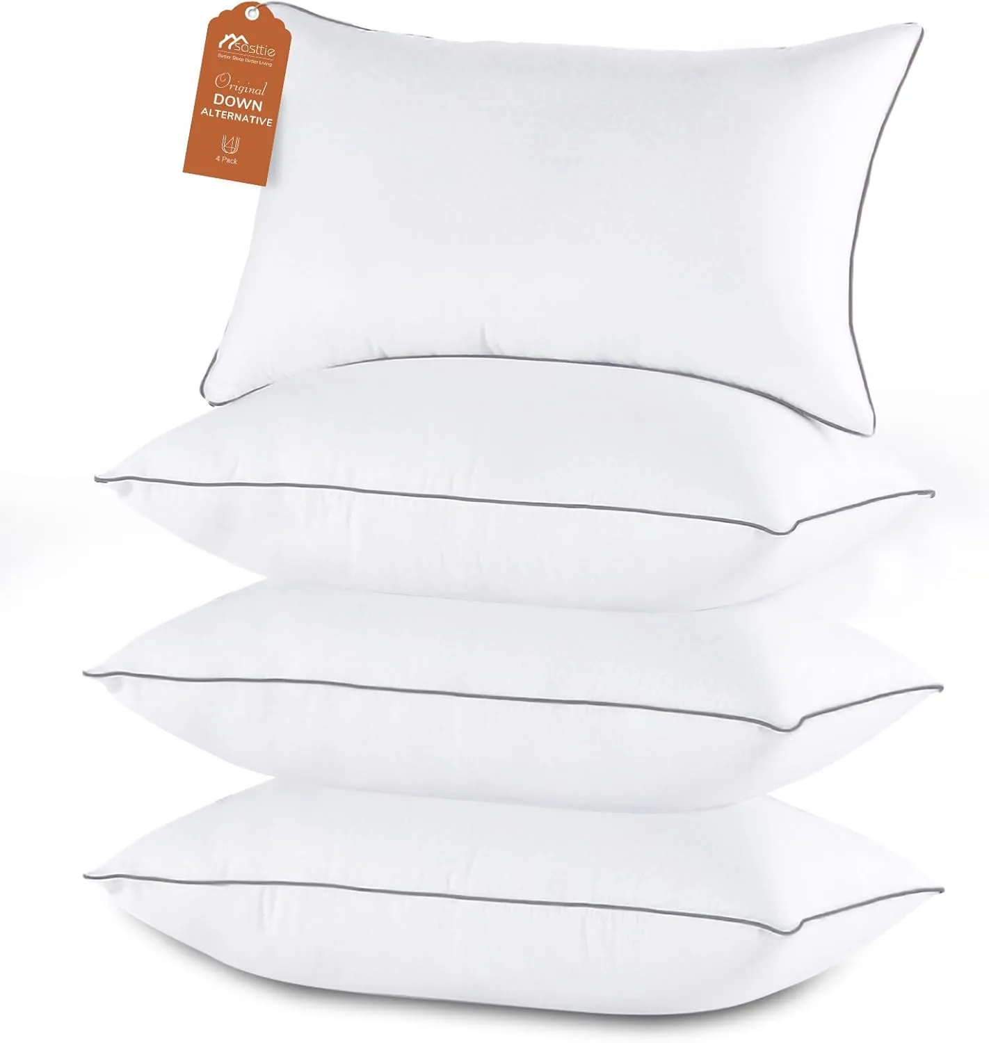 Sasttie Standard Pillows Set of 4, Full Size Bed Pillows for Side, Back, and Stomach Sleepers - Down Alternative Plump Filling - 4 Pack, Standard Size, 20x26 Inches