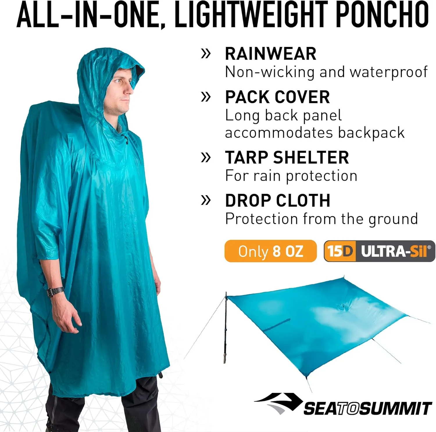 Sea to Summit Ultra-SIL Nano Tarp Poncho 4-in-1 Raincoat, Pack Cover, Groundsheet, and Shelter