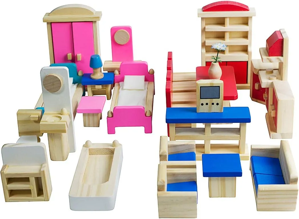 Seanmi Wooden Dollhouse Furniture - 5 Sets, 1:12 Scale Doll House Furnishings, 35 Pieces of Dollhouse Accessories (Living Room, Kitchen, Dining Room, Bedroom, Bathroom)