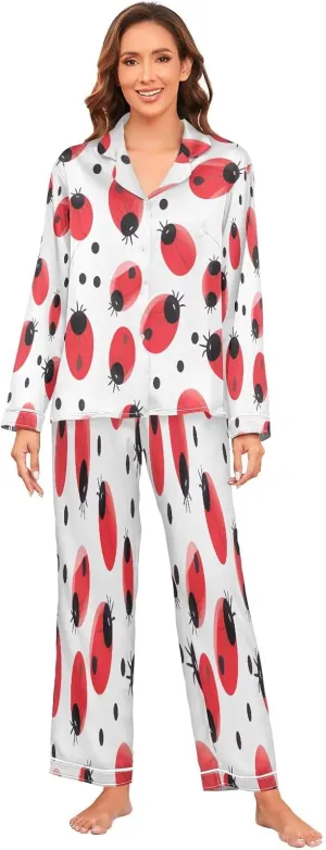 senya Coccinella Septempunctata Women's Silk Satin Pajama Button Down Long Sleeve Pajama Set, S-XXL