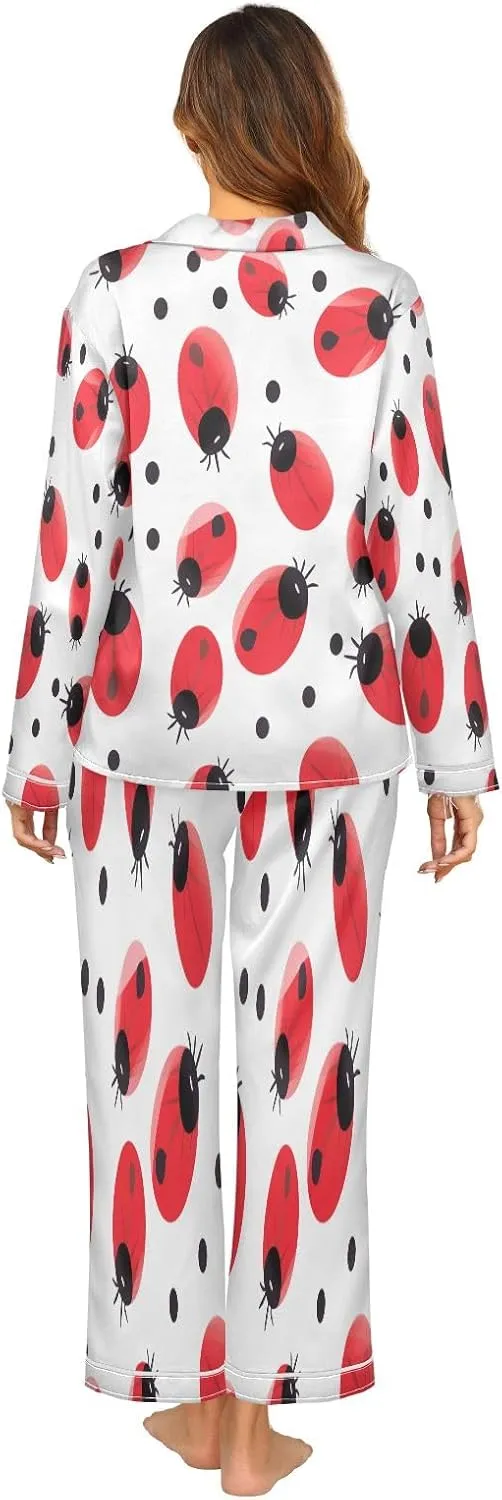 senya Coccinella Septempunctata Women's Silk Satin Pajama Button Down Long Sleeve Pajama Set, S-XXL