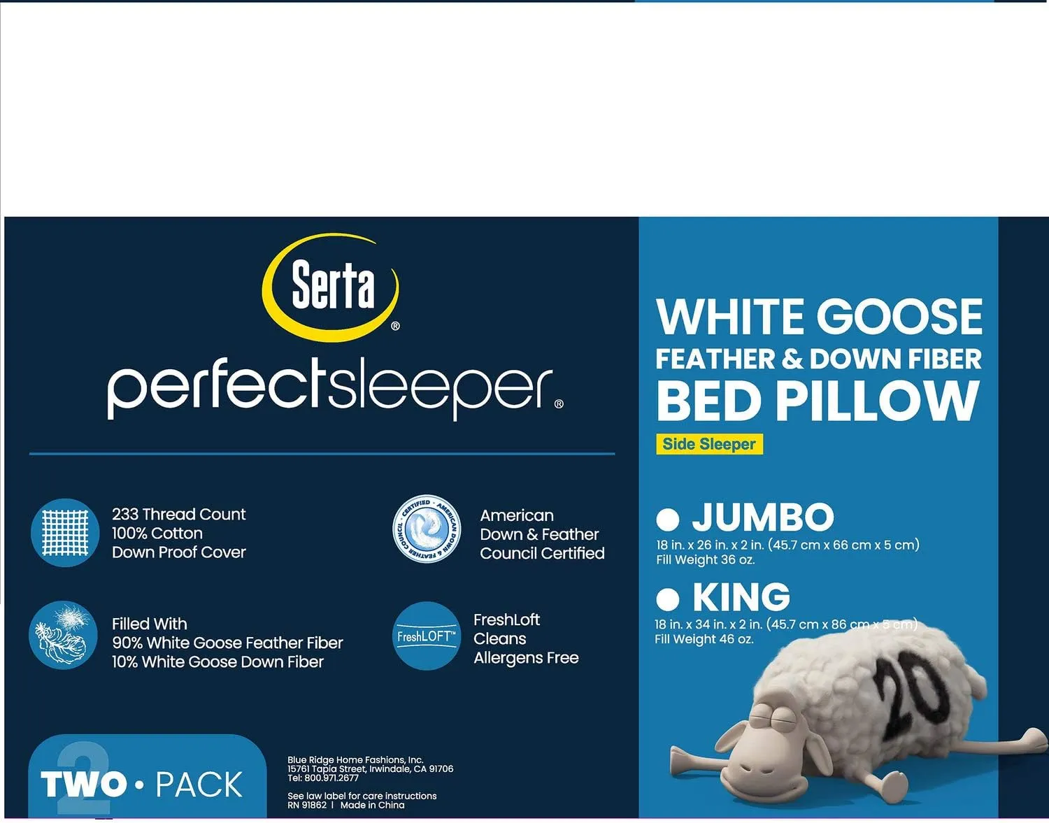 Serta 233 Thread White Goose Feather Gusseted Supportive 100% Cotton Hotel Collection Bed Side Sleeper Pillow, King (2 Count)