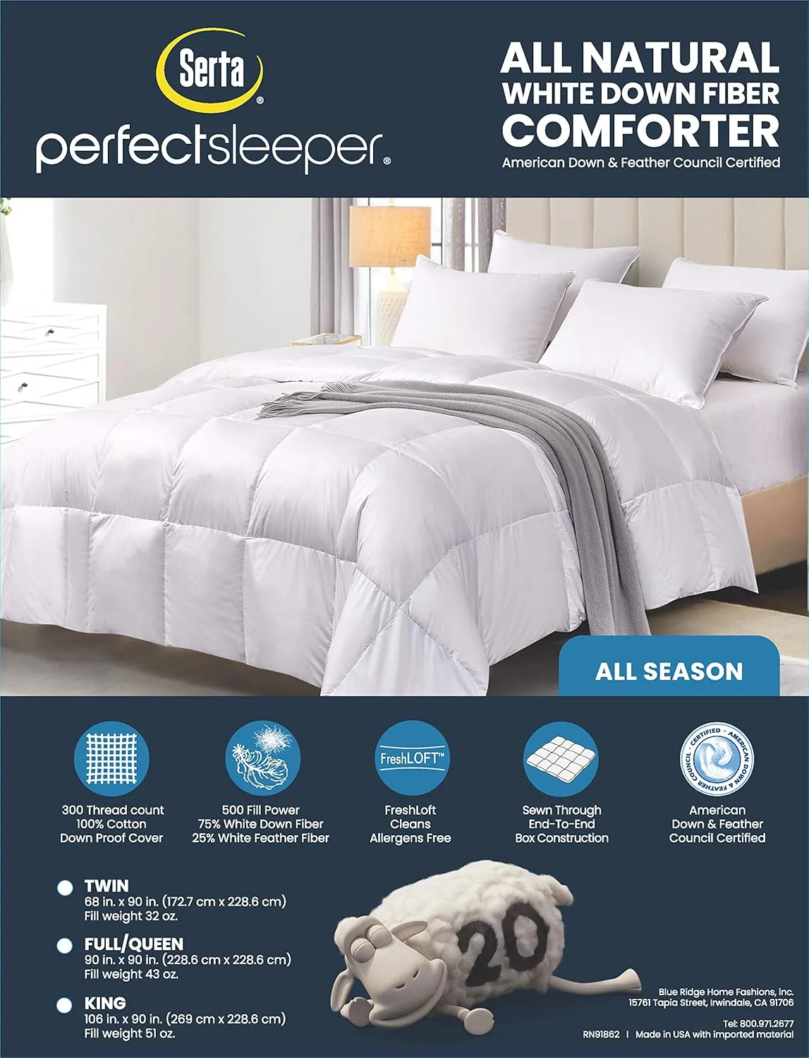 Serta Down Fiber Comforter Queen Size-All Season Duvet Insert, Luxury Fluffy Bed Comforter 100% Cotton 300 Thread Count Shell, Down Feather Fiber 500 Fill Power with Corner Taps, White 90x90inch