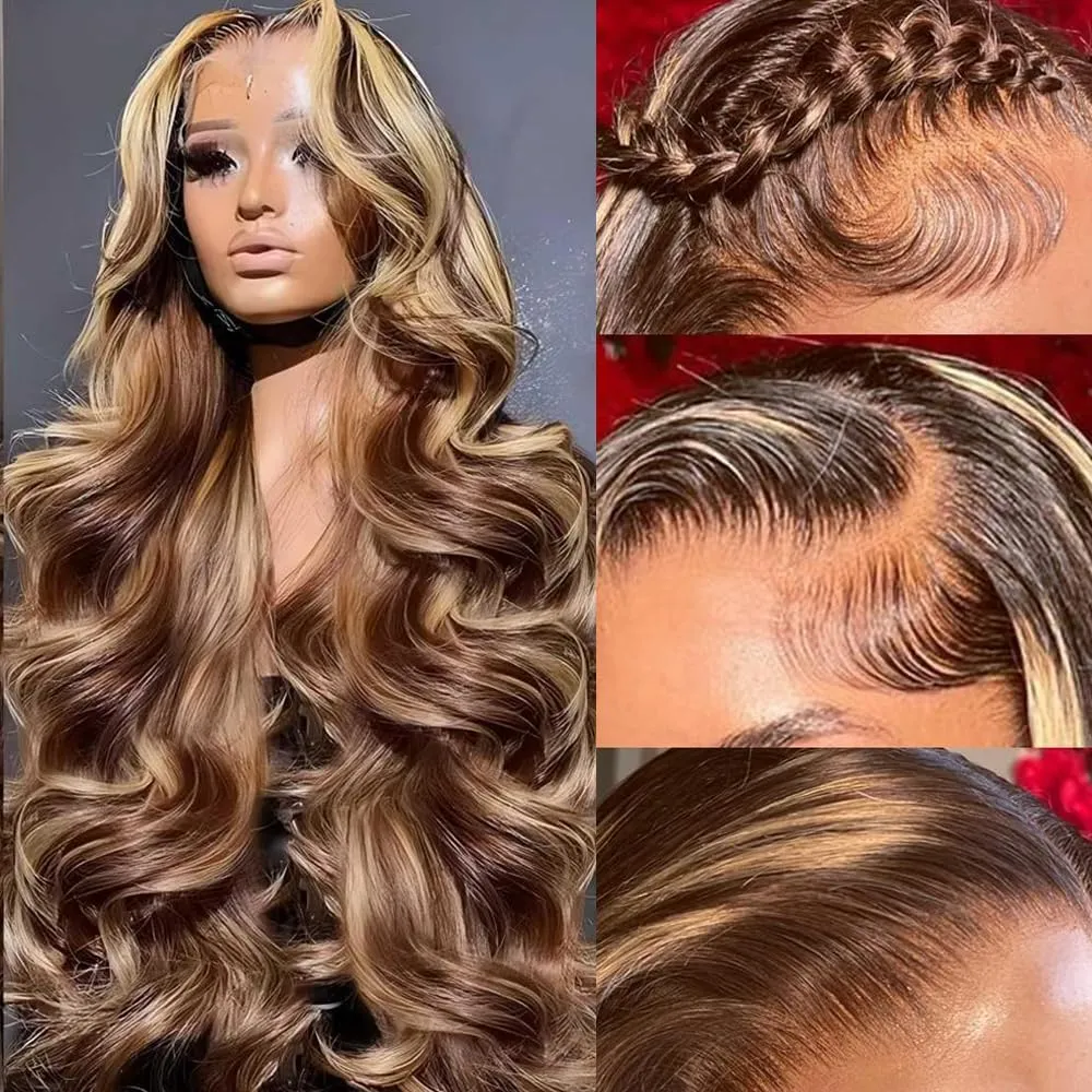 SFD 28 Inch Ombre Lace Front Wig Human Hair 200% Density Blonde Highlight Wig Human Hair Pre Plucked 4/27 Highlight Lace Front Wigs13x4 HD Lace Brown Highlighted Wig Body Wave