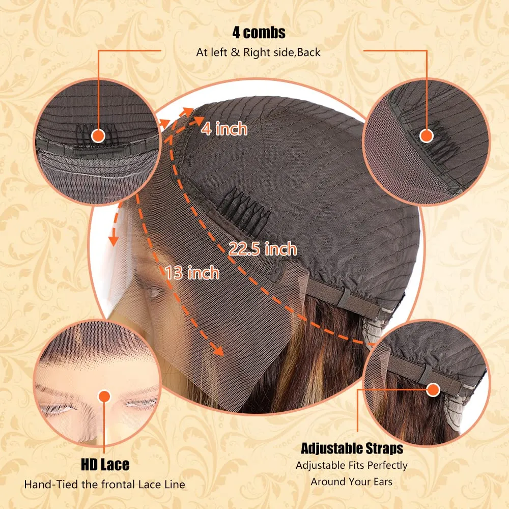 SFD 28 Inch Ombre Lace Front Wig Human Hair 200% Density Blonde Highlight Wig Human Hair Pre Plucked 4/27 Highlight Lace Front Wigs13x4 HD Lace Brown Highlighted Wig Body Wave