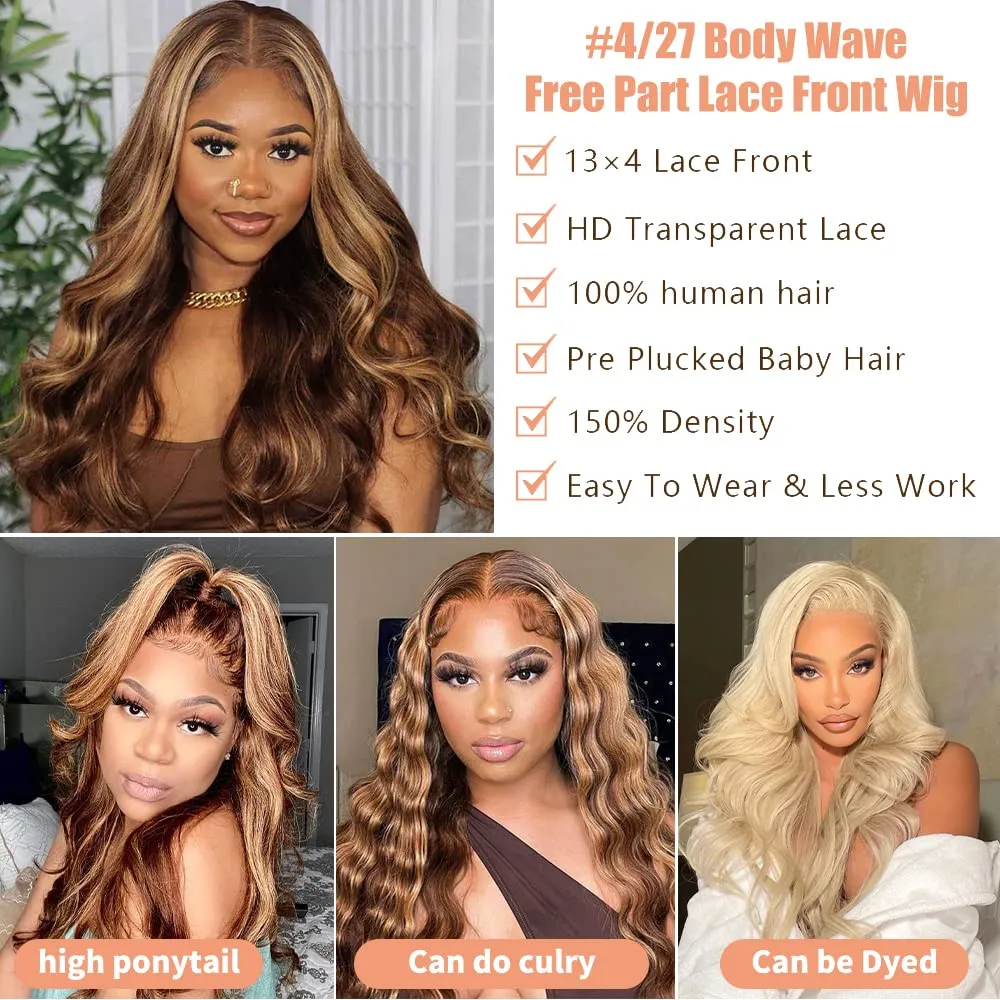 SFD 28 Inch Ombre Lace Front Wig Human Hair 200% Density Blonde Highlight Wig Human Hair Pre Plucked 4/27 Highlight Lace Front Wigs13x4 HD Lace Brown Highlighted Wig Body Wave