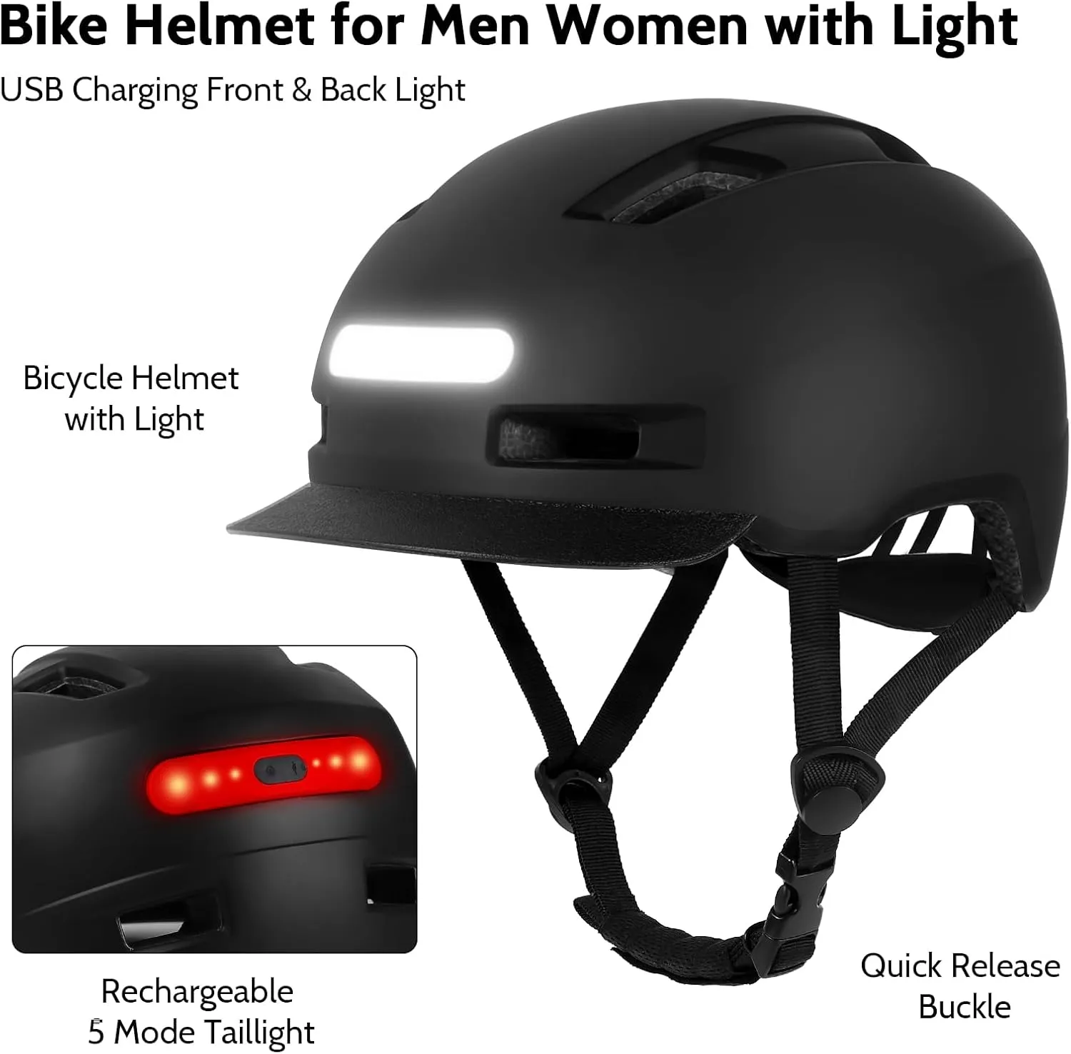 Shinmax Bike Helmet for Adults Men Women, Bicycle Helmet with USB Rechargeable LED Front and Back Light, Comfort Adjustable Cycling Helmet with Detachable Visor for Urban Commuter Mountain Road Biker