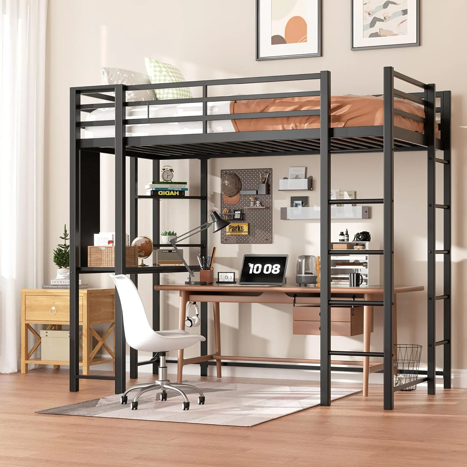 Shintenchi Loft Bed Full Size with Desk and Storage Shelves, Full Bed Frame with 2 Side Ladders for Kids, Teens Adults, Spcace-Saving Noise-Free and Anti-tilt Design, Black