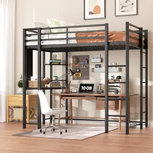 Shintenchi Loft Bed Full Size with Desk and Storage Shelves, Full Bed Frame with 2 Side Ladders for Kids, Teens Adults, Spcace-Saving Noise-Free and Anti-tilt Design, Black