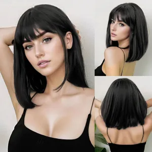 Short Black Bob Wig with Bangs Straight Hair Natural High Density Synthetic Wig for Women (15Inch, Black)