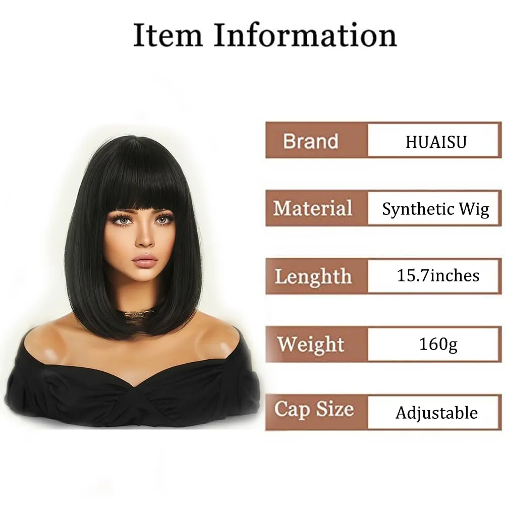 Short Black Bob Wig with Bangs Straight Hair Natural High Density Synthetic Wig for Women (15Inch, Black)