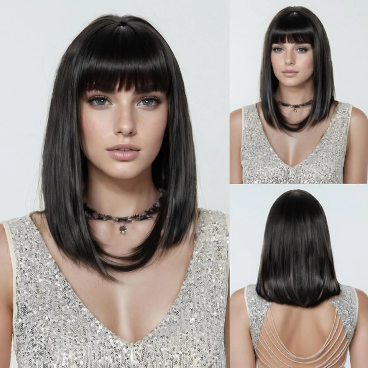 Short Black Bob Wig with Bangs Straight Hair Natural High Density Synthetic Wig for Women (15Inch, Black)