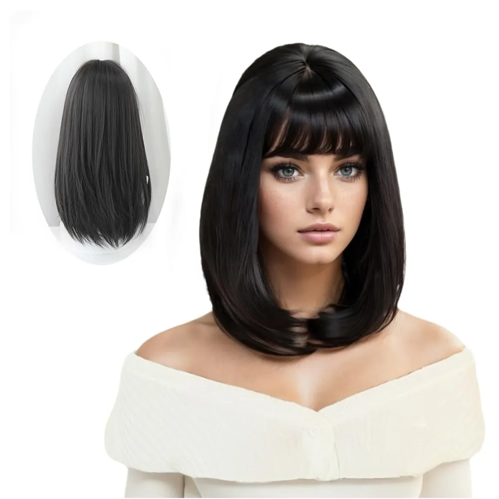 Short Black Bob Wig with Bangs Straight Hair Natural High Density Synthetic Wig for Women (15Inch, Black)