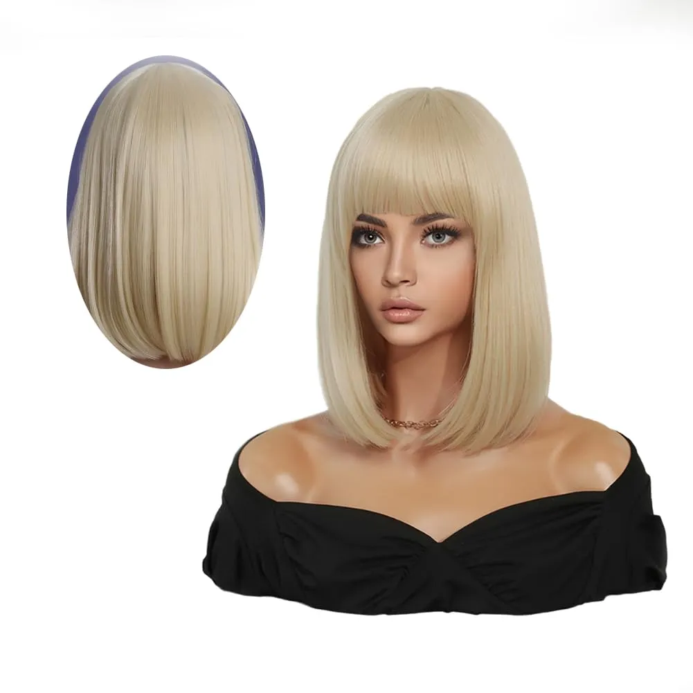 Short Blond Wig with Bangs 15Inch Straight Hair Natural Synthetic Bob Wig for Women (15Inch, Blond)