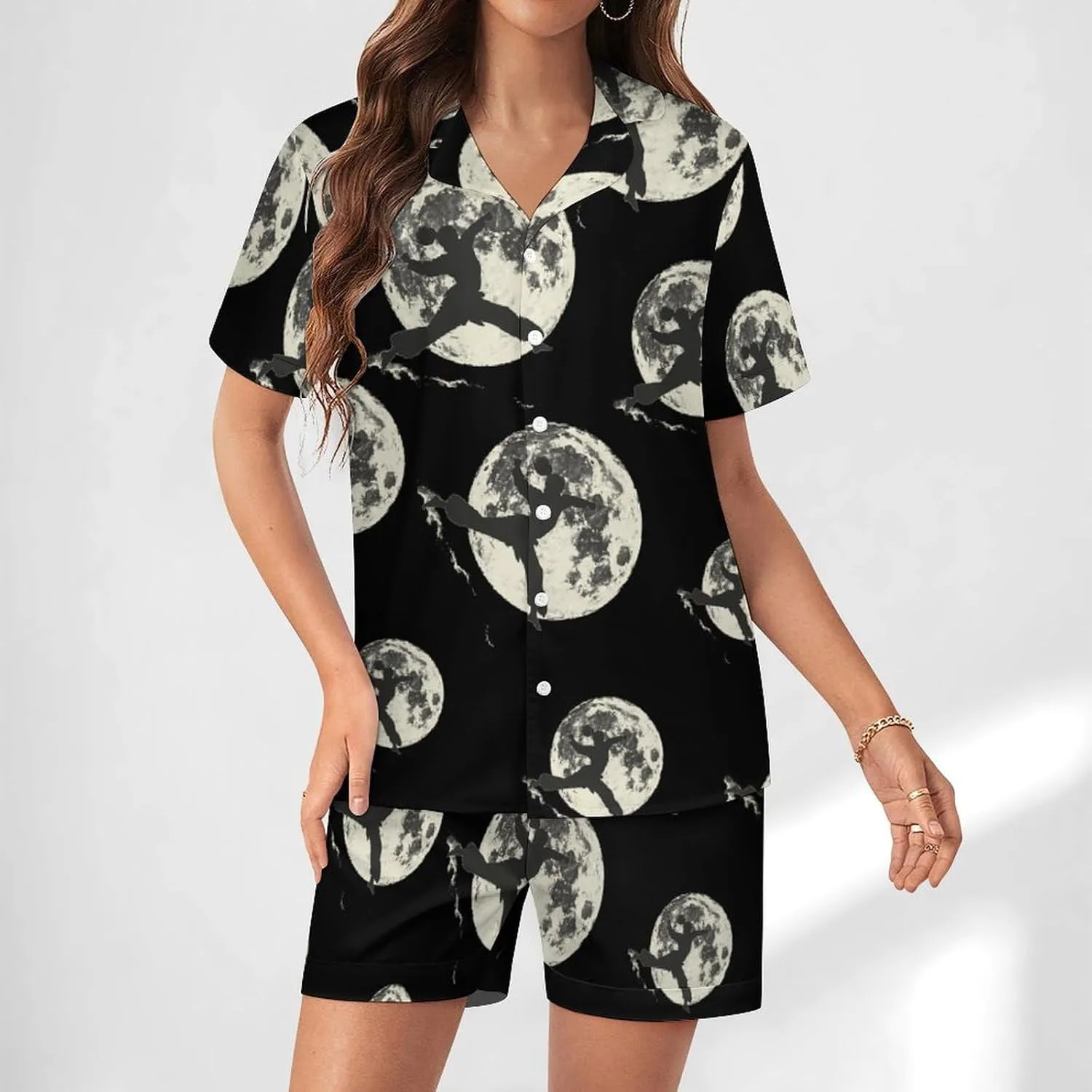 Silhouette Karate Martial ArtsTaekwondo Women's Satin Pajama Set Short Sleeve Button Down Sleepwear Loungewear Pj Set