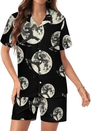 Silhouette Karate Martial ArtsTaekwondo Women's Satin Pajama Set Short Sleeve Button Down Sleepwear Loungewear Pj Set