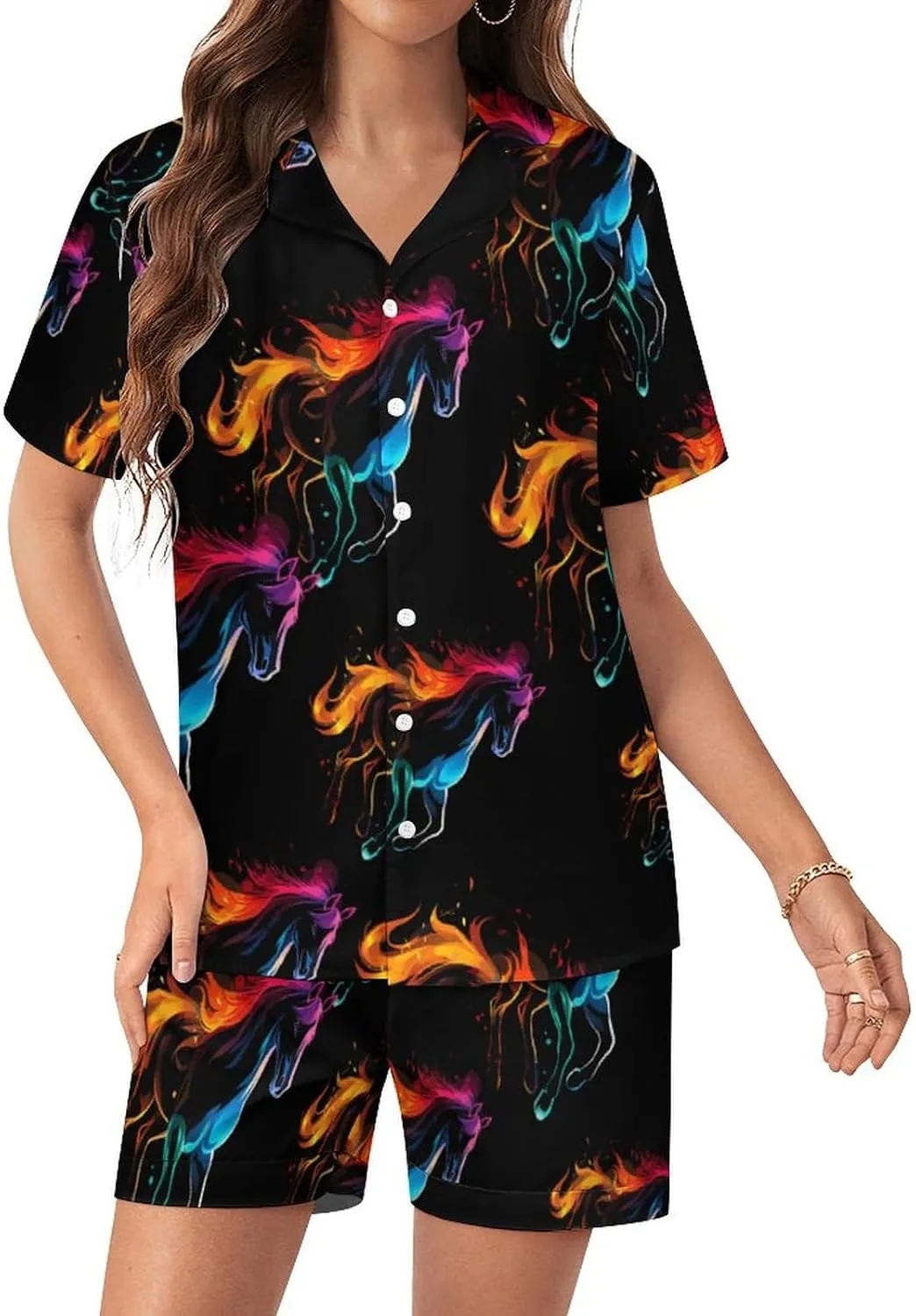 Silhouette Rainbow Horse Women's Satin Pajama Set Short Sleeve Button Down Sleepwear Loungewear Pj Set