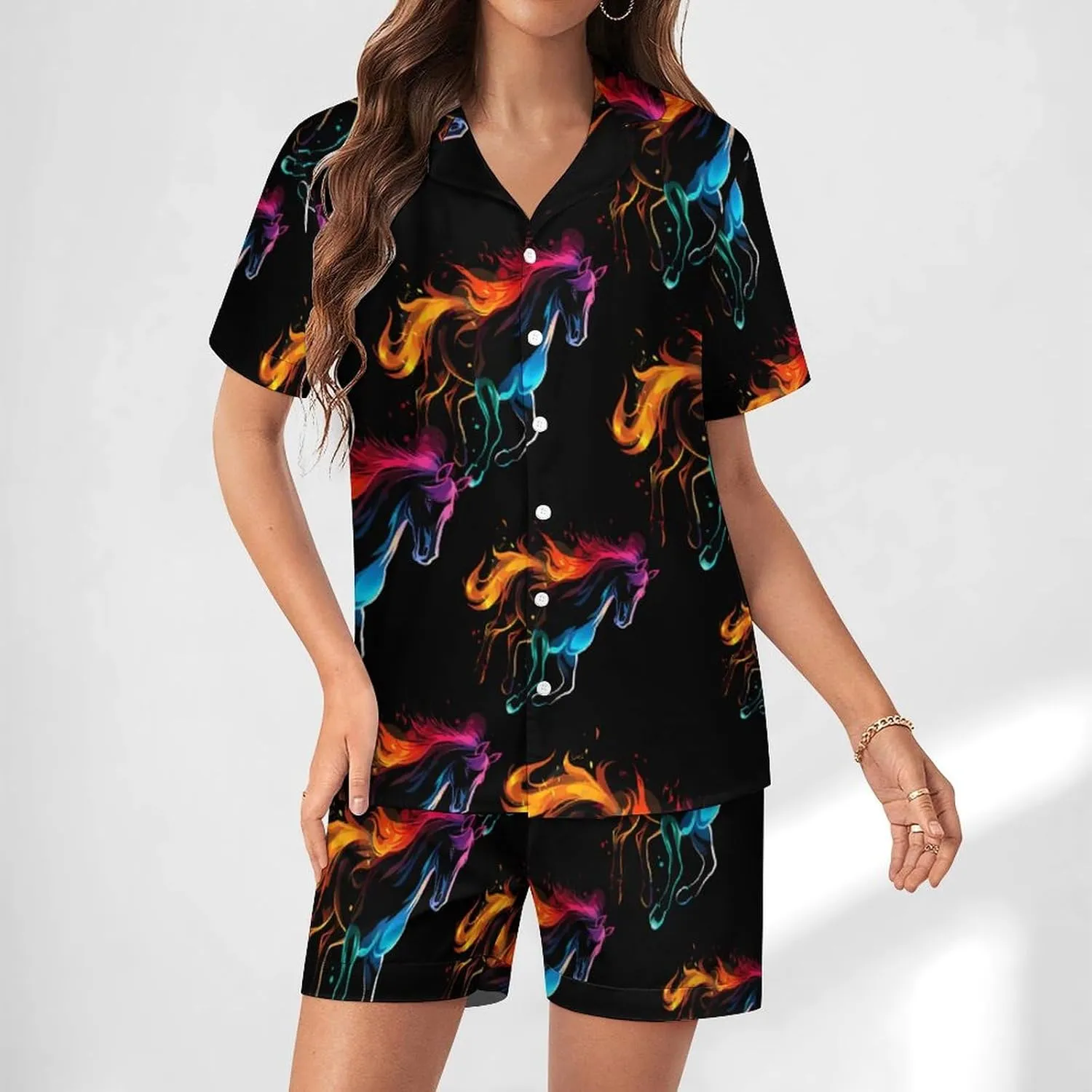 Silhouette Rainbow Horse Women's Satin Pajama Set Short Sleeve Button Down Sleepwear Loungewear Pj Set
