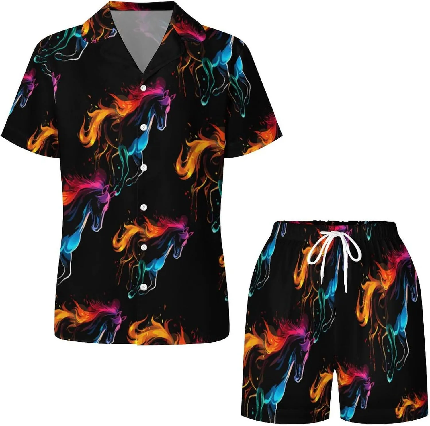 Silhouette Rainbow Horse Women's Satin Pajama Set Short Sleeve Button Down Sleepwear Loungewear Pj Set