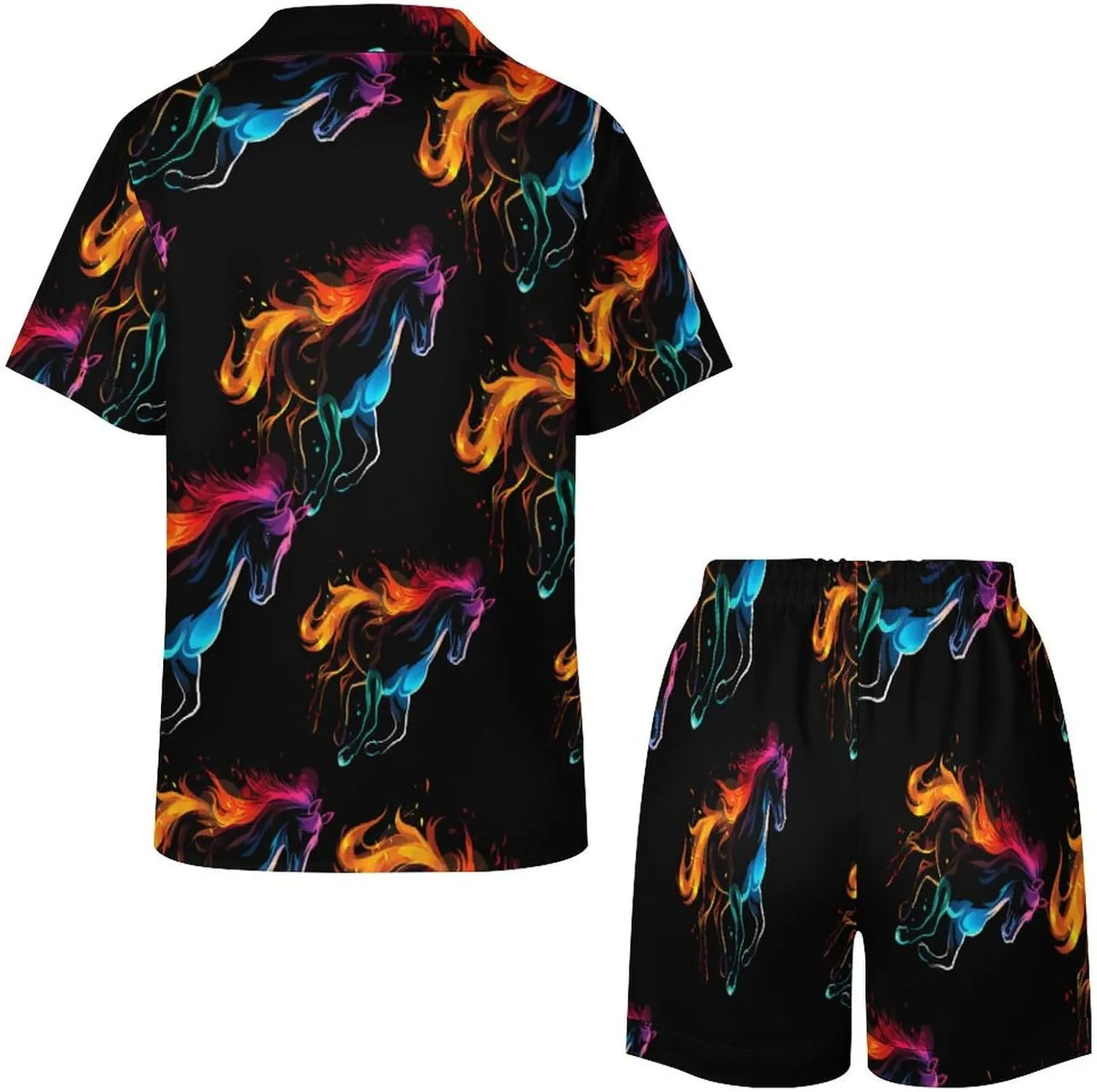 Silhouette Rainbow Horse Women's Satin Pajama Set Short Sleeve Button Down Sleepwear Loungewear Pj Set