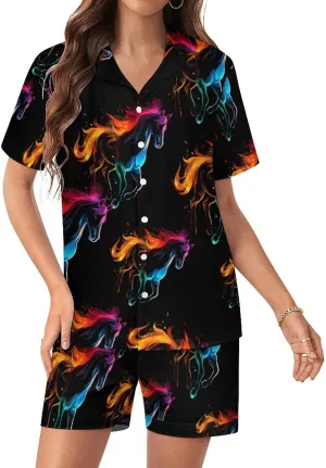 Silhouette Rainbow Horse Women's Satin Pajama Set Short Sleeve Button Down Sleepwear Loungewear Pj Set