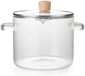 Simmer Pot with Lid, 2.3L(78oz) Heat Resistant Borosilicate, Glass Ribbed Pot, Glass Cooking Pot with Lid, Clear Simmer Pot, for Pasta Noodle, Soup, Milk, Baby Food