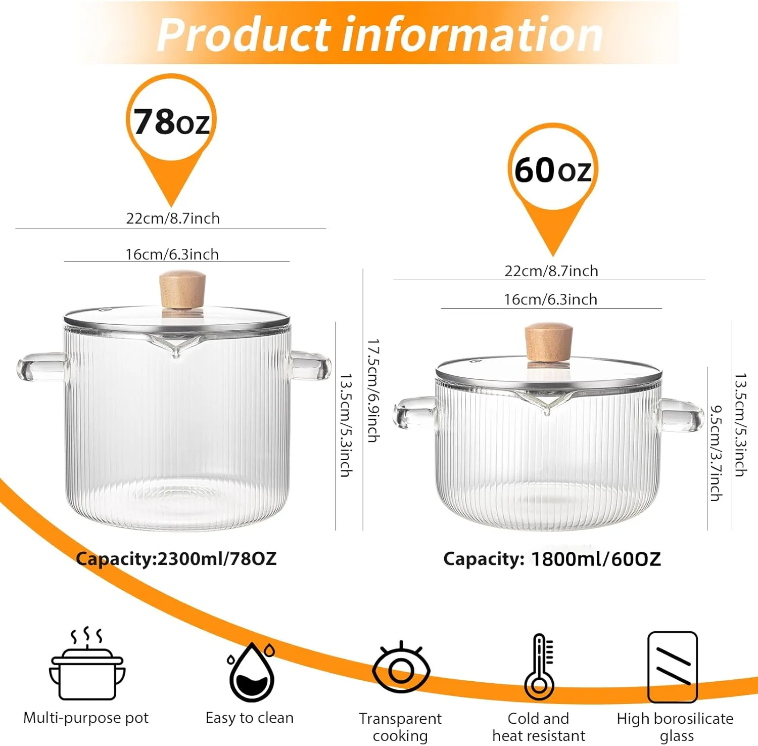 Simmer Pot with Lid, 2.3L(78oz) Heat Resistant Borosilicate, Glass Ribbed Pot, Glass Cooking Pot with Lid, Clear Simmer Pot, for Pasta Noodle, Soup, Milk, Baby Food