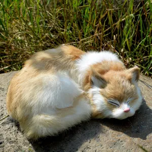 Simulation Furry Sleeping Cat Figurine Realistic Kitten Home Office Shelf Decorative Statue, Synthetic Fur Pet Replica, Stuffed Animal, Photo Props, Collectible Gift (Orange)