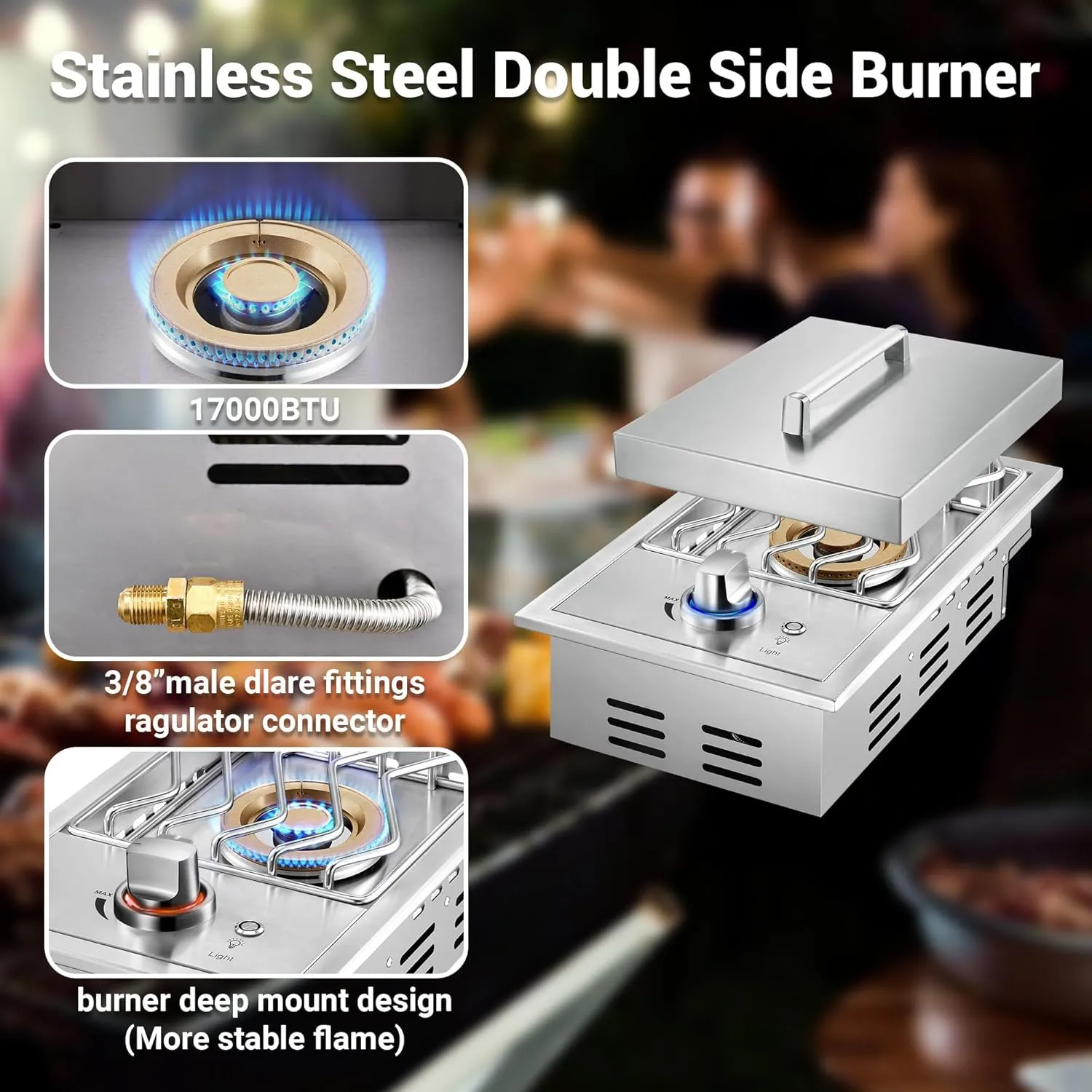 Single Grilling Side Burners for Outdoor Grill, 17,500BTU Natural Gas Side Burner with Liquid Propane Kit, Sturdy 304 Stainless Steel, Drop-in Side Burner for Outdoor Kitchen BBQ Island